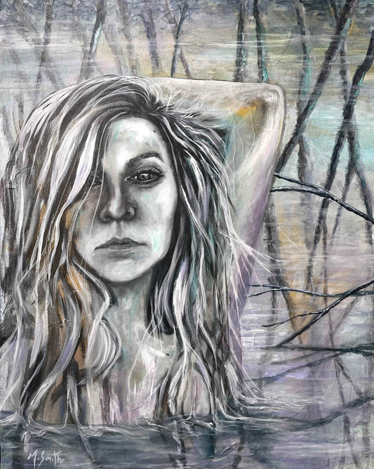 Artistic depiction of a woman with long hair in a river against a natural background
