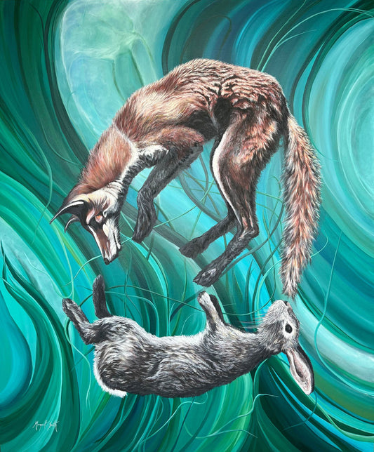 Artistic depiction of a fox and a rabbit on a teal abstract background