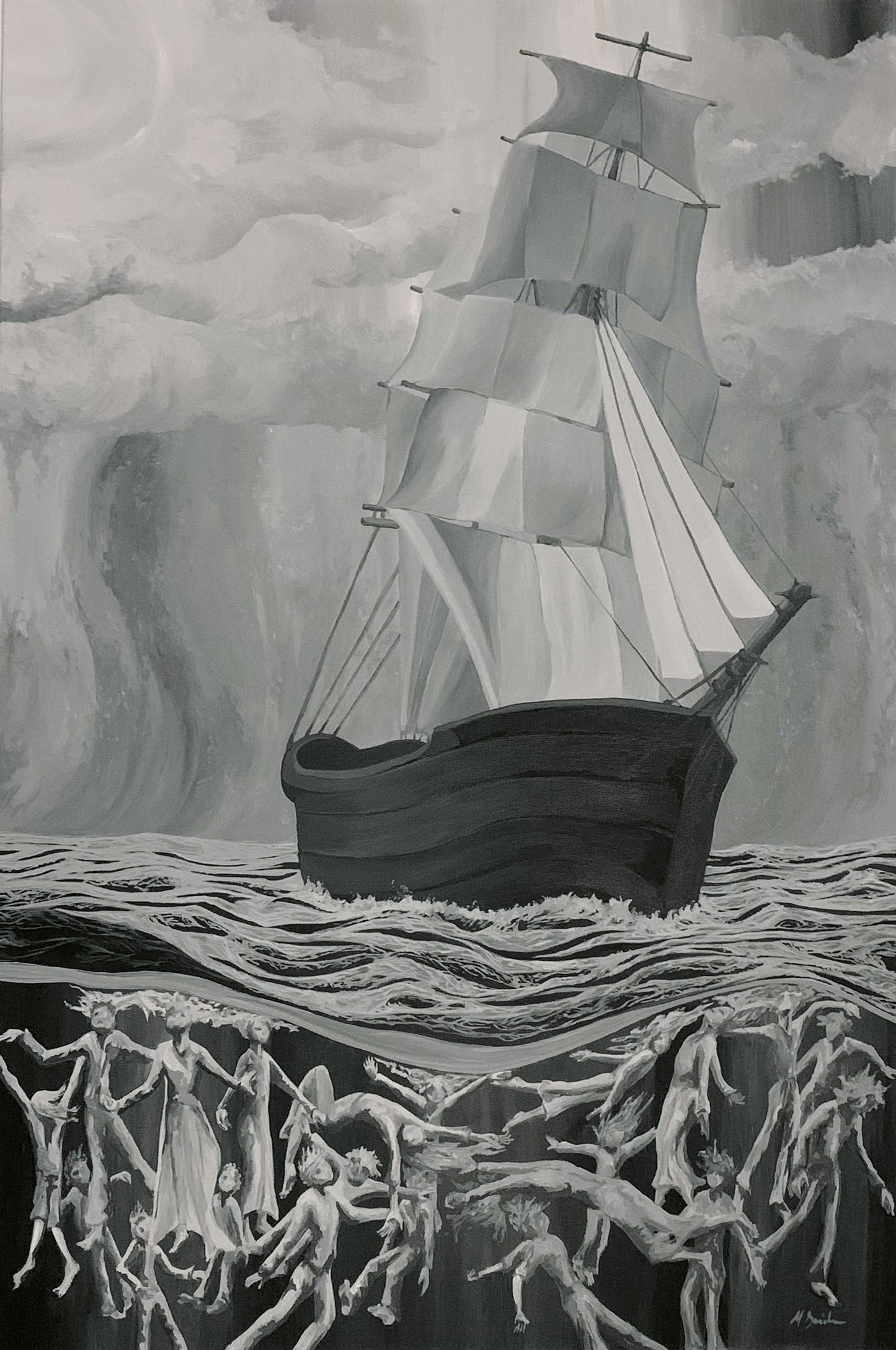 Painting of the coffin ships from the era of the Irish Famine, painting by Irish Artist Margaret Smith