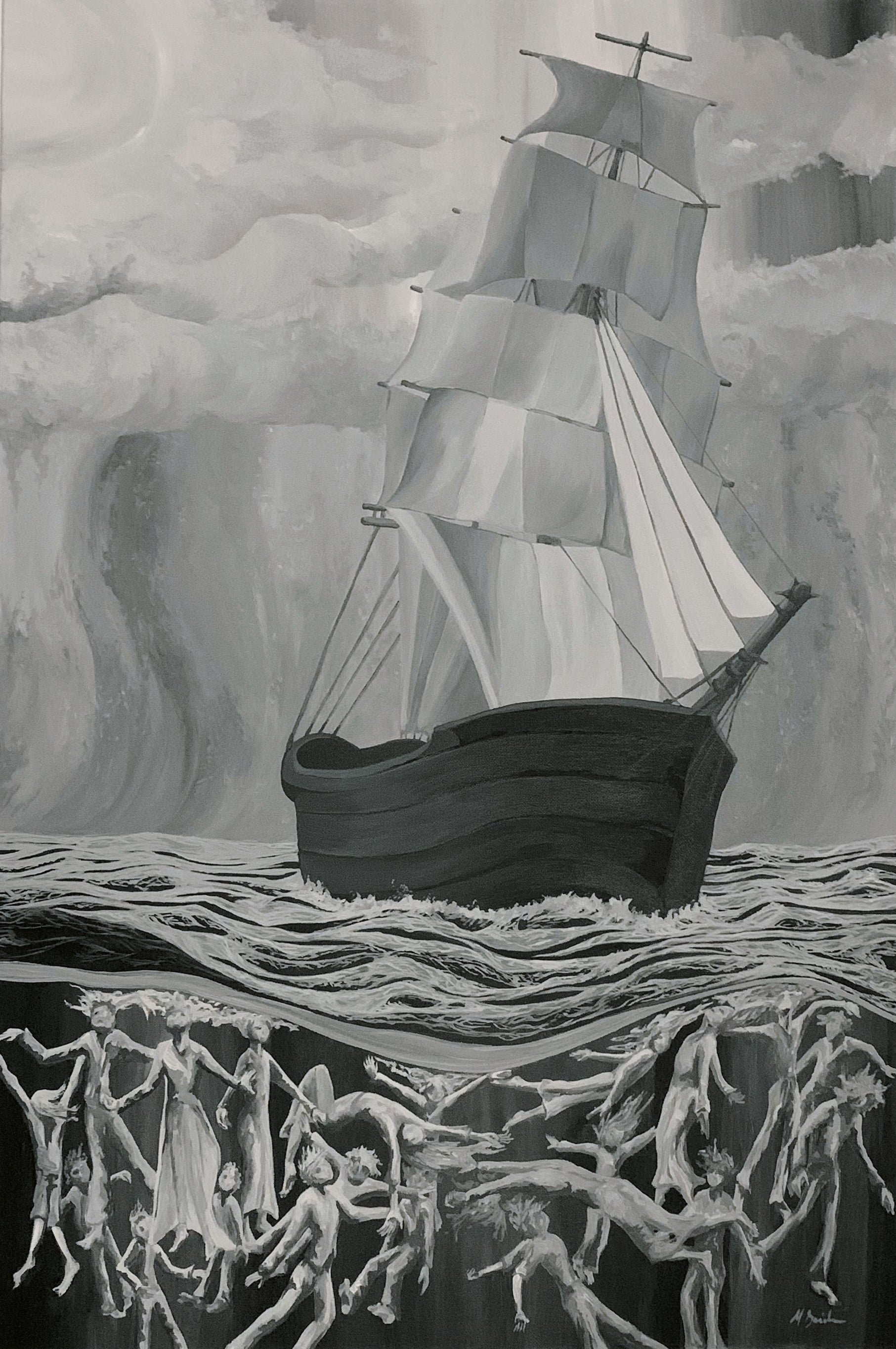 Painting of the coffin ships from the era of the Irish Famine, painting by Irish Artist Margaret Smith