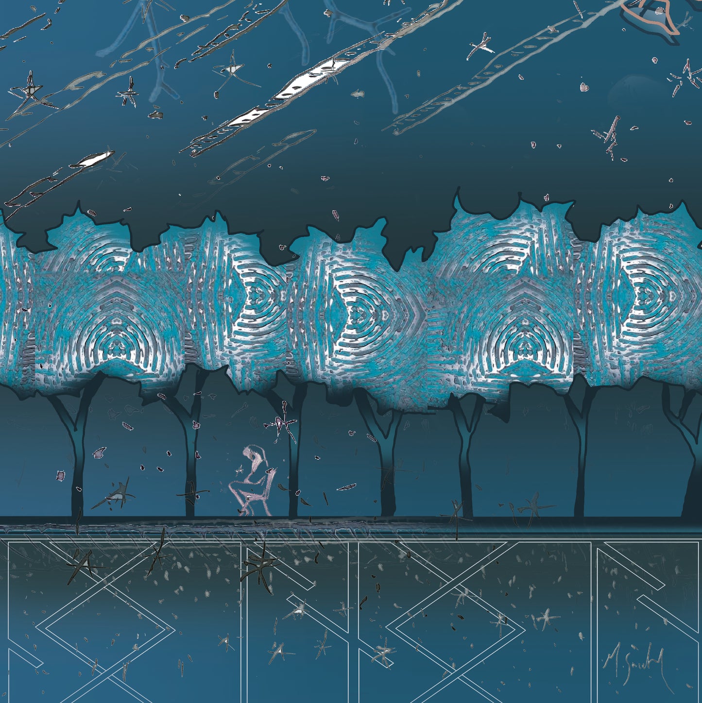 Artistic illustration of a ethereal landscape celtic symbols with green trees and geometric patterns.