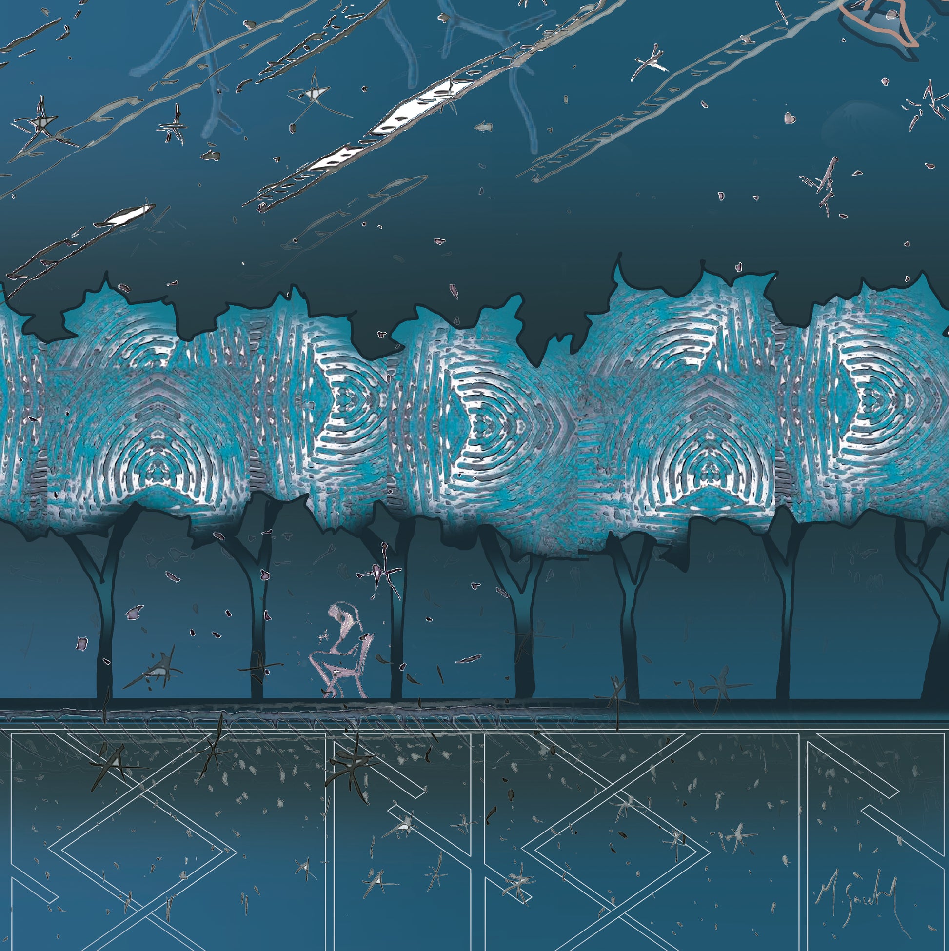 Artistic illustration of a ethereal landscape celtic symbols with green trees and geometric patterns.