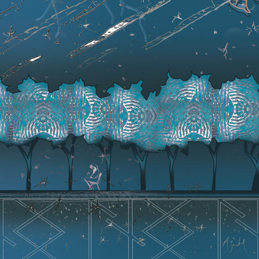 Artistic illustration of a ethereal landscape celtic symbols with green trees and geometric patterns.