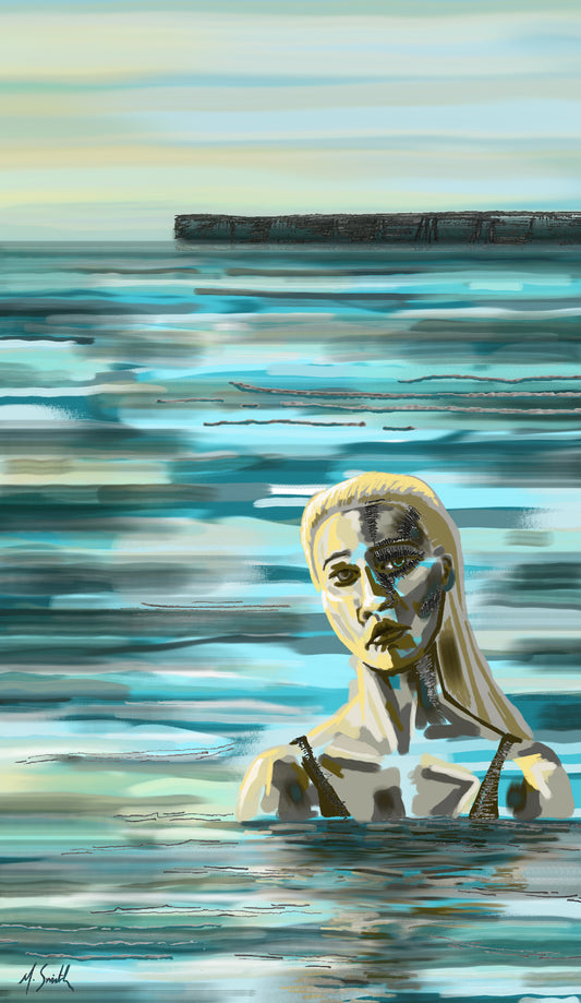 A limited edition fine art giclée print featuring a stylized, abstract representation of a figure in the sea, with a vibrant and dynamic painting style.