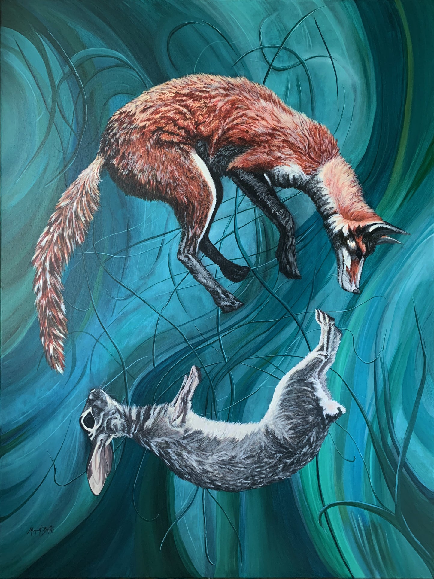 Contemporary Irish art painting by Irish artist Margaret Smith at MOTH AND Mink.  Artistic depiction of a fox and a rabbit in mid-air against a teal background 