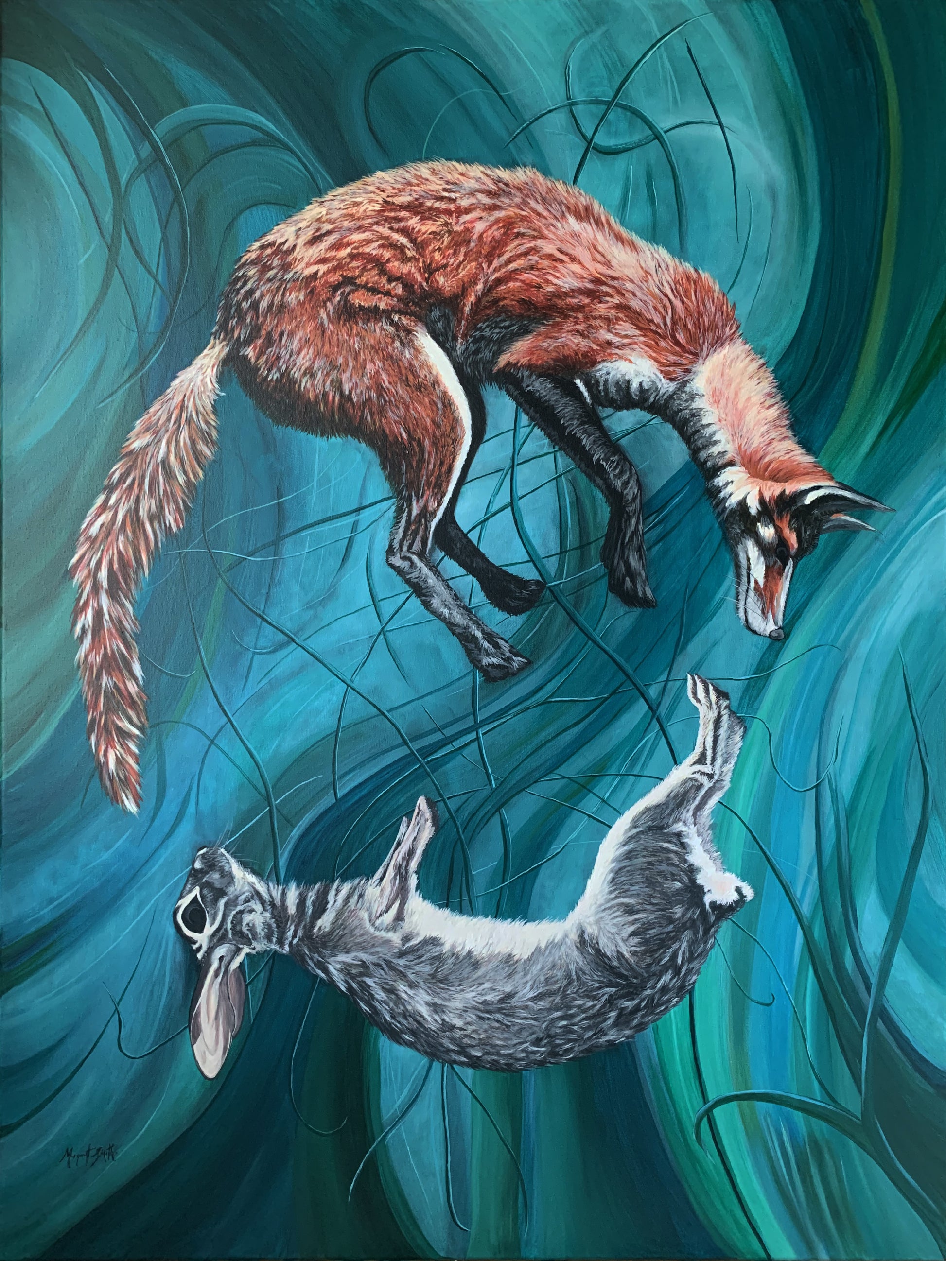 Contemporary Irish art painting by Irish artist Margaret Smith at MOTH AND Mink.  Artistic depiction of a fox and a rabbit in mid-air against a teal background 